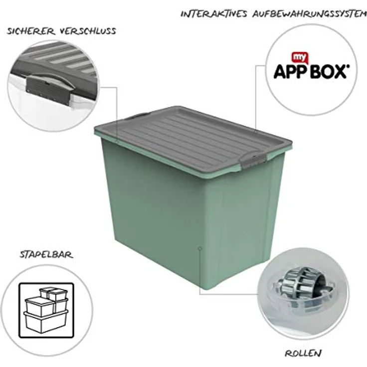 Rotho Compact Aufbewahrungsbox 70l mit Deckel und Rollen, Kunststoff (PP recycelt) BPA-frei, grün/anthrazit, A3/70 Liter (57,0 x 39,5 x 43,5 cm) – Bild 3