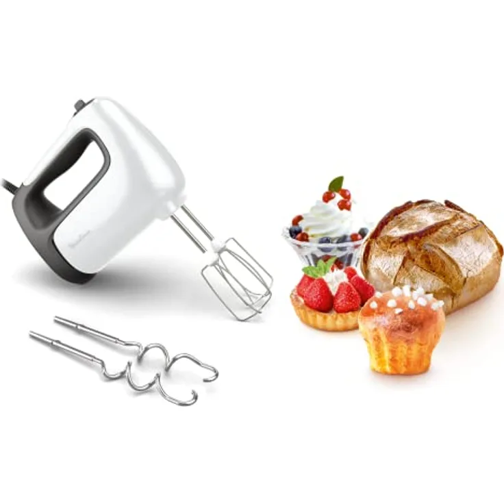 Moulinex Prep'Mix+ Handmixer, ideal für leichte und dicke Zubereitungen, leistungsstarker Motor mit 500 W, 5 Geschwindigkeitsstufen, Turbo-Einstellung, 2 Schneebesen, 2 Kneten, Edelstahl, HM460110