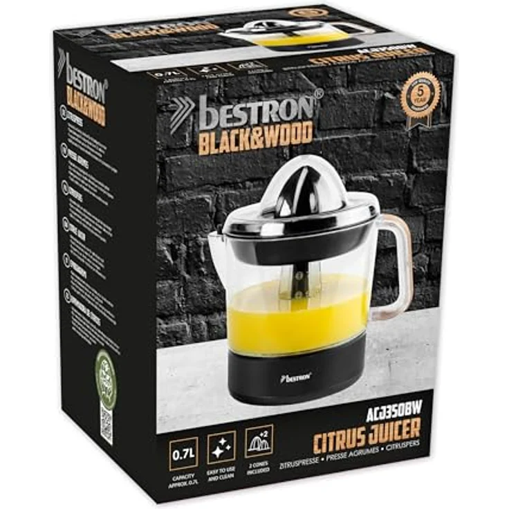 Bestron elektrische Zitrus- & Orangenpresse, inkl. 2 Presskegel und Aromadeckel, Motor mit zwei Drehrichtungen, Füllmenge: 0.7 Liter, Black & Wood Kollektion, Schwarz/Holz – Bild 4
