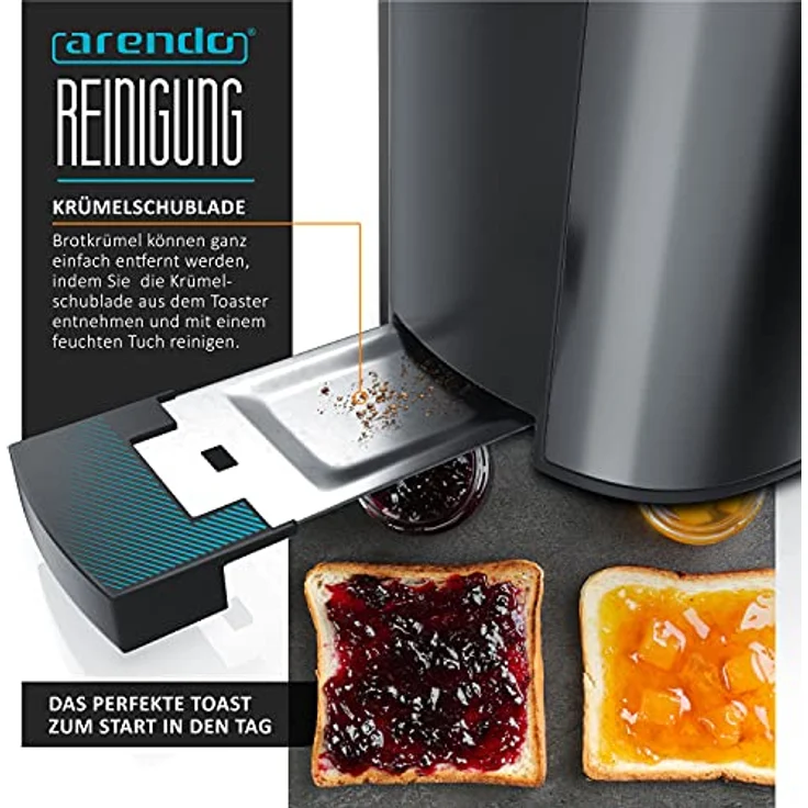 Arendo Frukost 2 Scheiben Langschlitztoaster - LCD Display mit Restzeitanzeige, Auftaufunktion, Brotzentrierung - Edelstahl, Cool Grey – Bild 4