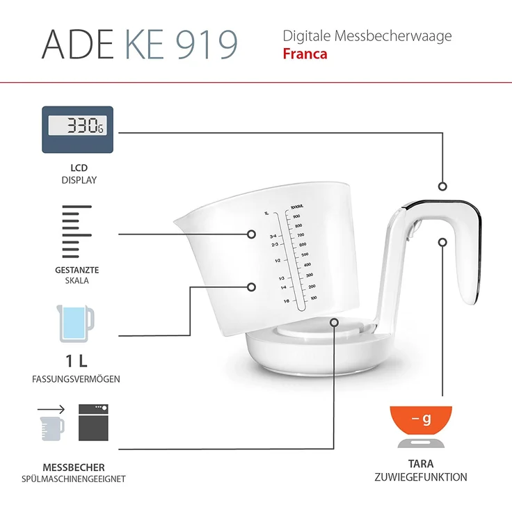ADE Digitale Messbecherwaage KE 919 Franca. Elektronische Küchenwaage mit abnehmbarem Messbecher zum Wiegen und Messen. Mit Zuwiegefunktion (Tara). Inkl. Batterie. Weiß - Schwarz – Bild 3