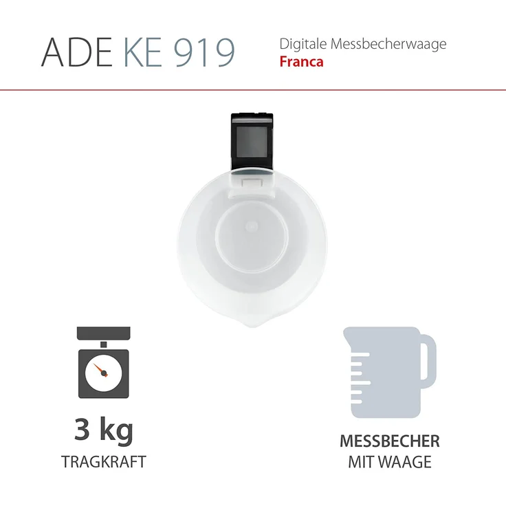 ADE Digitale Messbecherwaage KE 919 Franca. Elektronische Küchenwaage mit abnehmbarem Messbecher zum Wiegen und Messen. Mit Zuwiegefunktion (Tara). Inkl. Batterie. Weiß - Schwarz – Bild 4