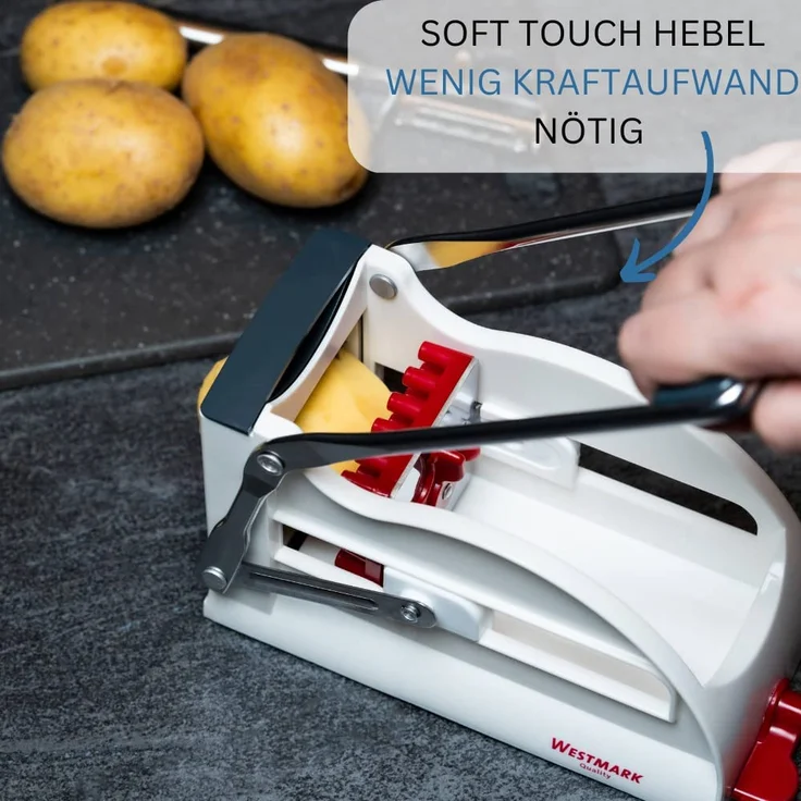 Westmark 11802260 Pommes-Frites-Schneider und Gemüsestiftler, mit drei Edelstahl-Schneideinsätzen und Stempel, weiß, anthrazit – Bild 3