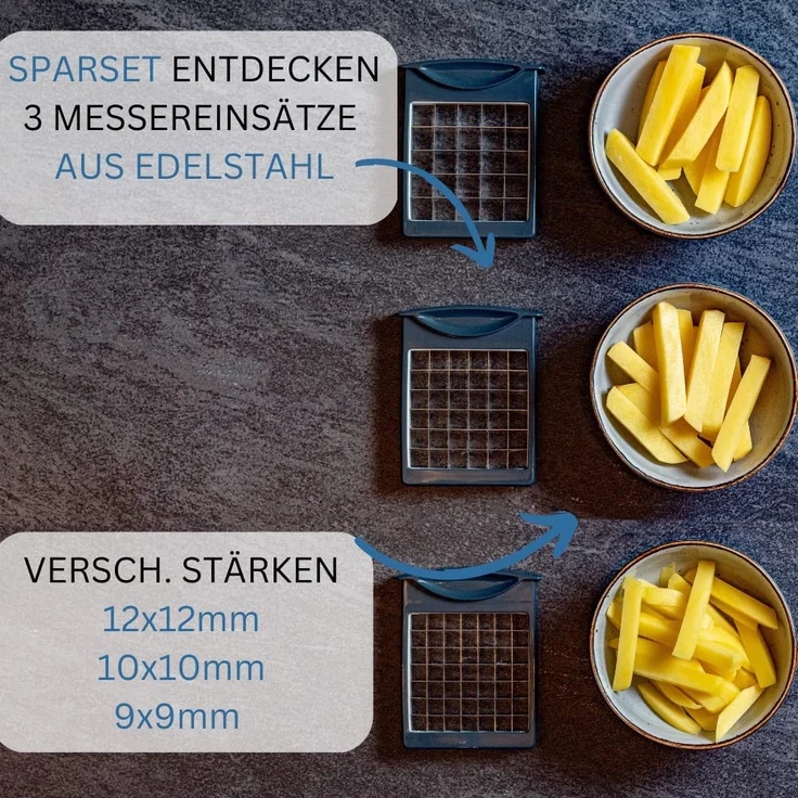 Westmark 11802260 Pommes-Frites-Schneider und Gemüsestiftler, mit drei Edelstahl-Schneideinsätzen und Stempel, weiß, anthrazit – Bild 4