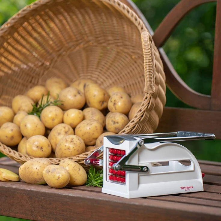 Westmark 11802260 Pommes-Frites-Schneider und Gemüsestiftler, mit drei Edelstahl-Schneideinsätzen und Stempel, weiß, anthrazit – Bild 9