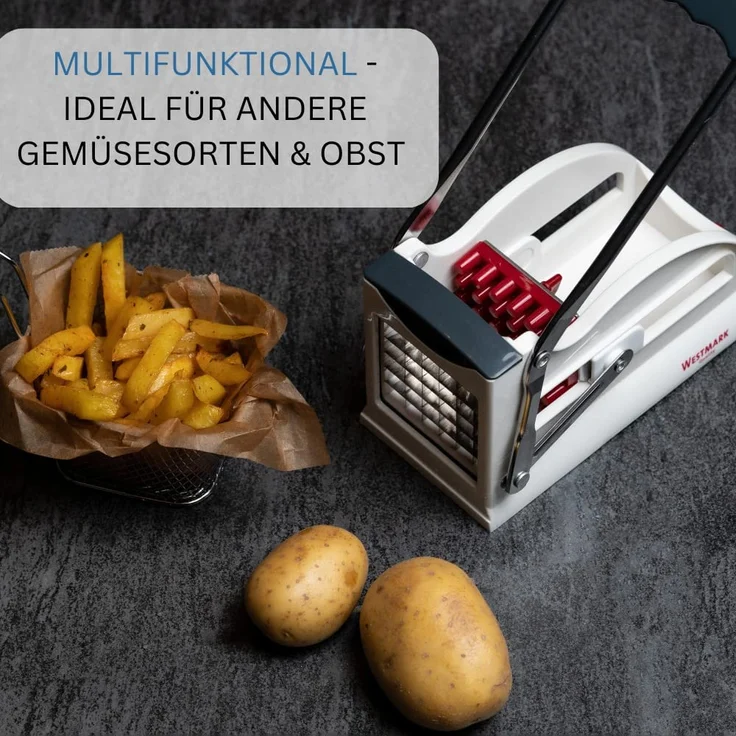 Westmark 11802260 Pommes-Frites-Schneider und Gemüsestiftler, mit drei Edelstahl-Schneideinsätzen und Stempel, weiß, anthrazit – Bild 6