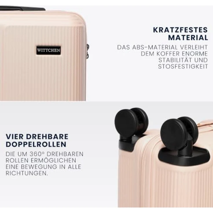 WITTCHEN Stripes Line Kofferset, Hartschalenkoffer aus robustem ABS mit Kosmetiktasche, 4 Doppelrollen, Teleskopgriff, Zahlenschloss, Puderrosa, Set S+M+L+XL – Bild 3