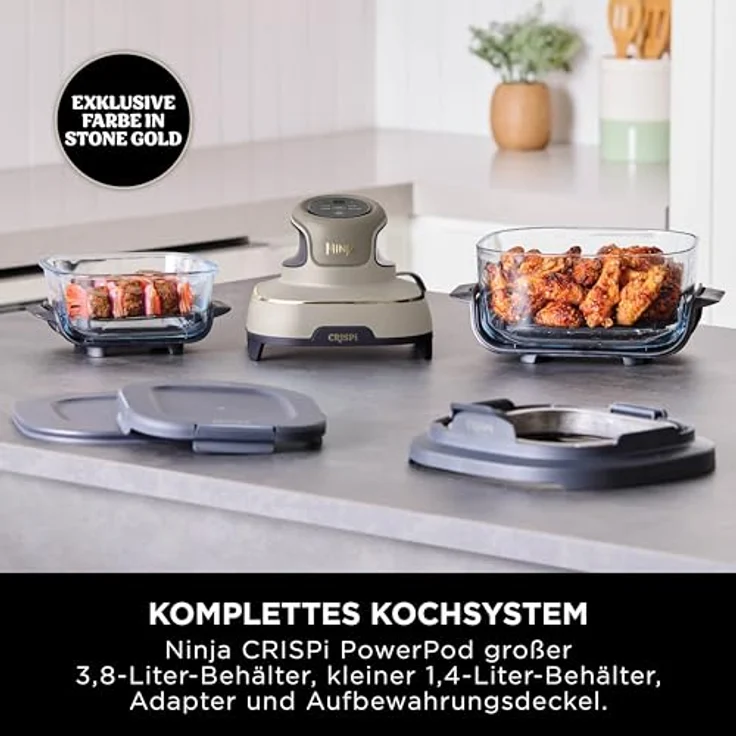 Ninja CRISPi Heißluftfritteuse, 3,8 l, 4-in-1 Multikocher mit 1700 W, Stone Gold, 2 herausnehmbare Glasbehälter, für 6 Portionen – Bild 2