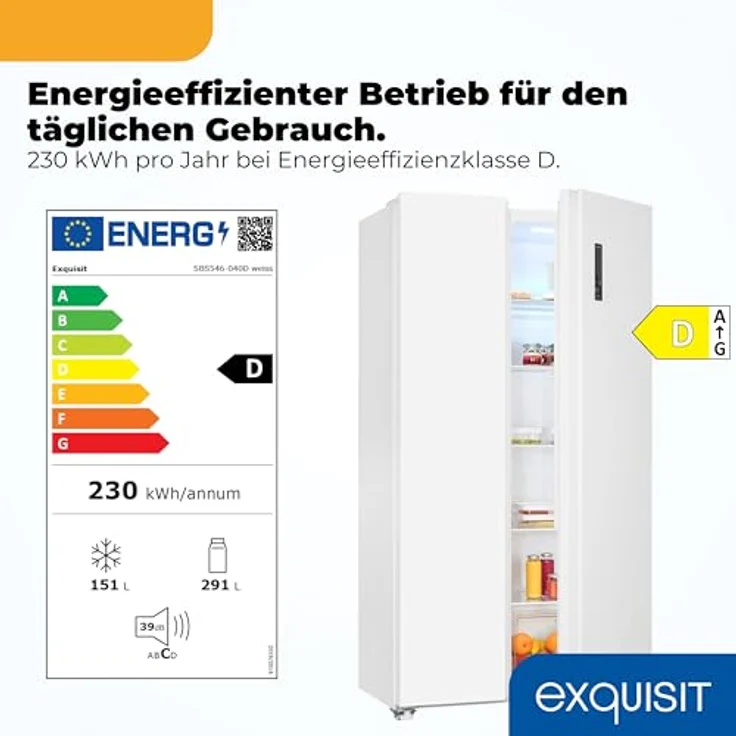 Exquisit SBS546-040D, Side-by-Side Kühl-Gefrierkombination, 442 Liter, No-Frost, LED-Display, 10 Ablagen, leiser Betrieb, weiß – Bild 3