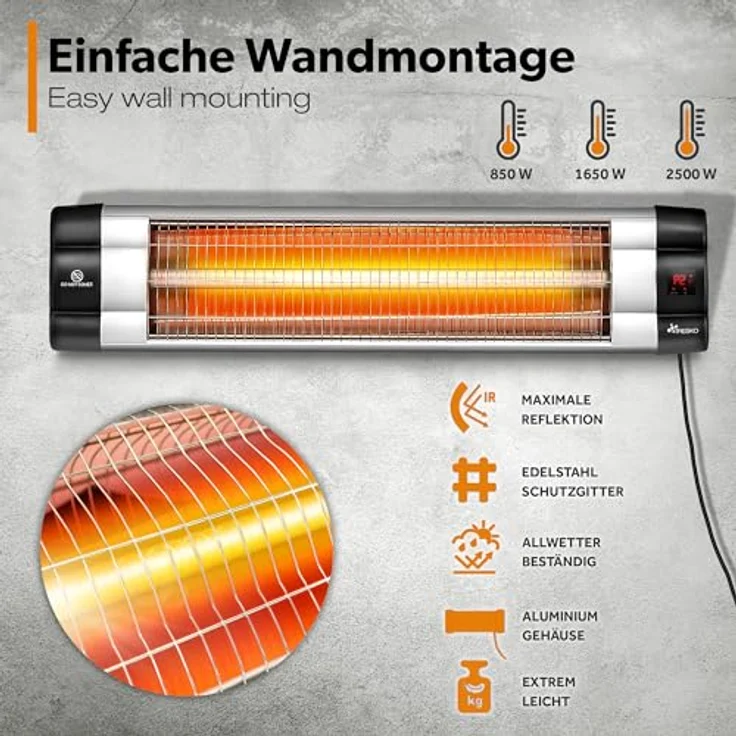 TRESKO Infrarot Heizstrahler 2500W mit Fernbedienung | Wärmestrahler Terrasse elektrisch mit 3 Heizstufen | Terrassenstrahler Innen & Außen | Wand-Infrarotstrahler mit LED-Anzeige Quarzstrahler – Bild 4