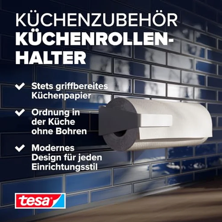 tesa Küchenrollenhalter, selbstklebender Wandrollenhalter, Komplett-Set mit Adapter und Wasserwaage, Montage ohne Bohren, max. 5 kg belastbar – Bild 3