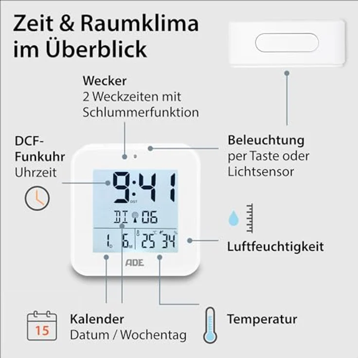 ADE Funkwecker Wecker digital funk mit Temperatur und Luftfeuchtigkeit automatischer Lichtsensor, 2 Weckzeiten, Schlummerfunktion – Bild 3