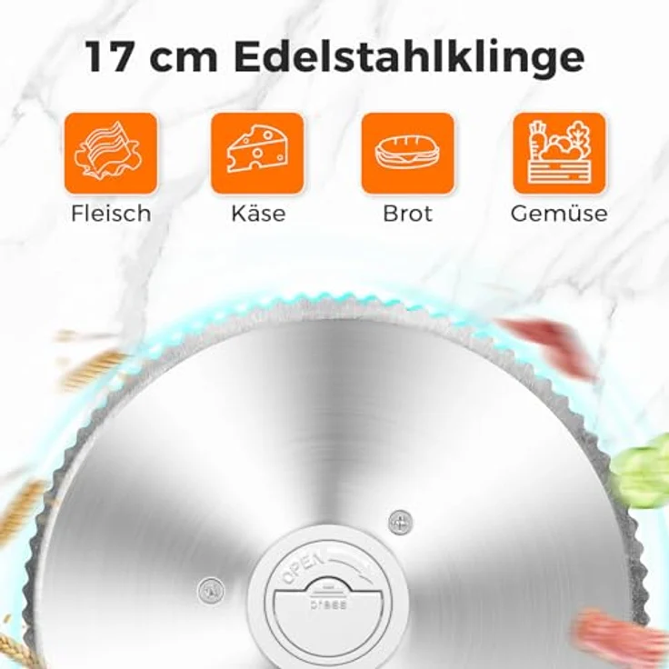 YASHE Faltbarer Elektrischer Allesschneider, 180W Brotschneidemaschine mit 17 cm Edelstahlklinge, einstellbare Dicke 0–15 mm, kompakt und weiß, ideal für Fleisch, Käse, Brot und Gemüse – Bild 2