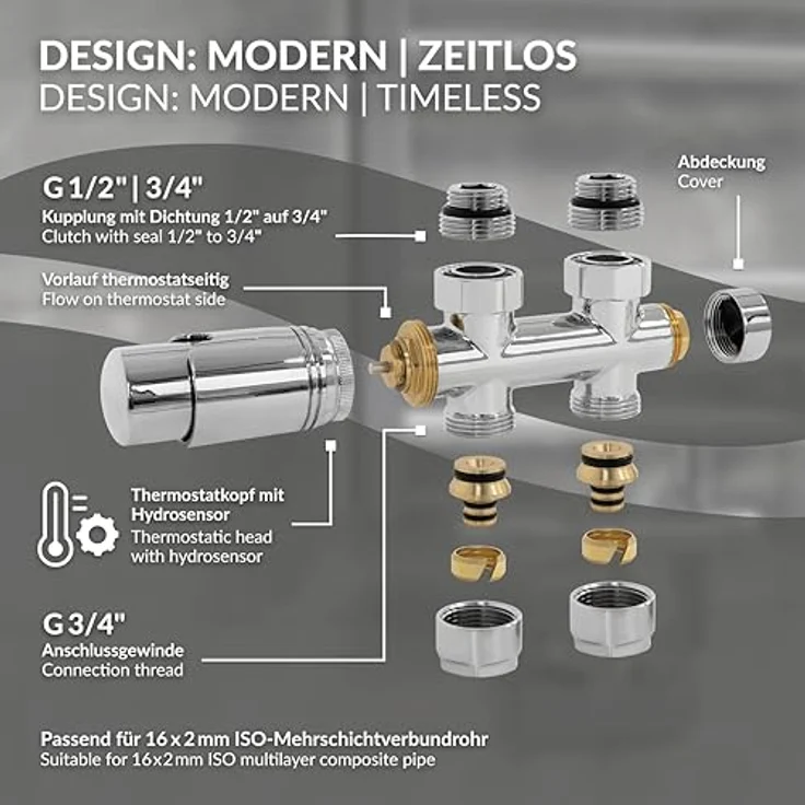 ECD Germany Ventil-Armaturen Set Multiblock Chrom, Anschlussgarnitur für Badheizkörper mit Mittelanschluss und Thermostatkopf, einfach zu montieren, geeignet für Zweirohr-Zentralheizungsanlagen – Bild 3
