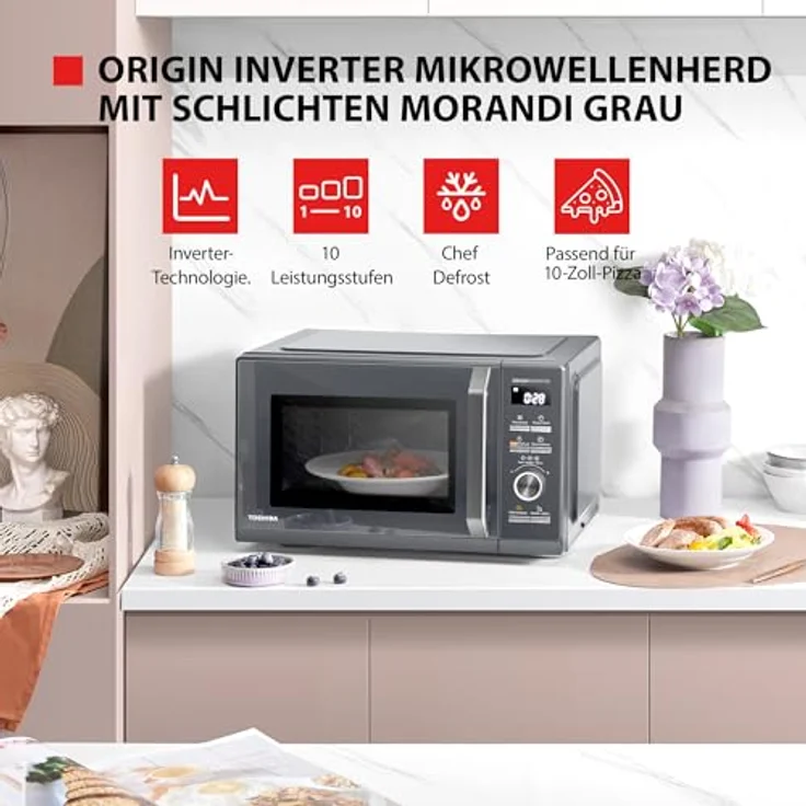 Toshiba MW3-AM25PFI(MG) Solo Mikrowelle 25L, 900W mit Origin-Inverter, Chef-Defrost, 10 Leistungsstufen, 7 Auto-Menüs, Easy Clean, Morandi-Grau – Bild 2