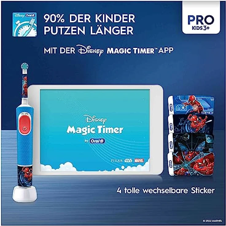 Oral-B Kids Pro 103 Spiderman Elektrische Zahnbürste/Electric Toothbrush für Kinder ab 3 Jahren, 2 Putzmodi für Zahnpflege, Reiseetui, extra weiche Borsten, 4 Sticker, blau (Design kann variieren) – Bild 4