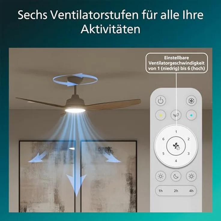 Philips Olas Deckenventilator, LED-Leuchte mit 2650 Lumen, 3 Flügel, 132 cm, dimmbar, einstellbares Licht von 3000 K bis 6500 K, weiß/Holz, inkl. Fernbedienung – Bild 4
