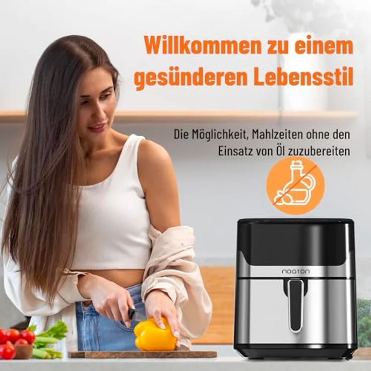 Noaton Heißluftfritteuse 6,2 L, Air Fryer mit Digitalem Touchscreen, 8 Programme, 1600 W, Ohne Öl, Temperaturwahl von 80 bis 200 °C, Inklusive Kochbuch und Küchenzange, Kompakt, Silber – Bild 3