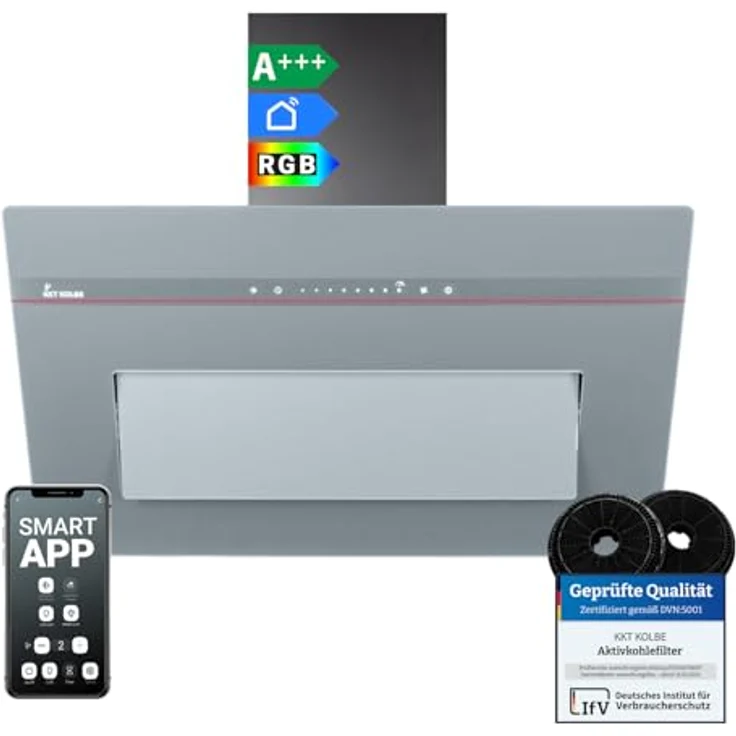KKT KOLBE PLOOM8005G Dunstabzugshaube 80 cm, A+++ Energieeffizienz, 782 cbm/h Umluft/Abluft, mattgrau mit RGBW LED-Beleuchtung, Smart WiFi Steuerung, Nachlaufautomatik, SensorTouch Bedienung – Bild 1
