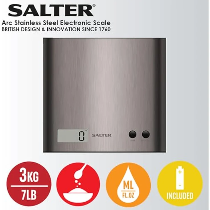 SALTER Arc digitale Küchenwaage, Elektronisches Wiegen, Schlanke Edelstahlplattform, Abgerundete Seiten, LCD Display, Zuwiegefunktion, Leicht zu reinigen – Bild 2