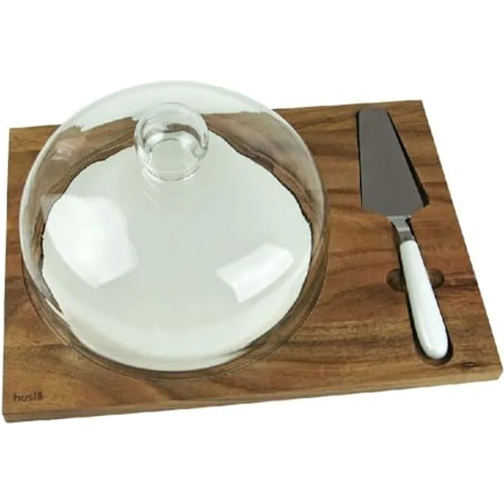 Husla 73976, Akazienholz Schneidebrett mit Glasabdeckung, Porzellanteller Ø 22 cm, Edelstahl-Spatel