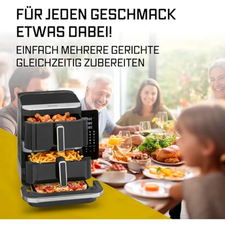 GOURMETmaxx Heißluft-Fritteuse FryUp3, 2800W, schwarz, vertikal, Doppelkorb 4l + 6l, Pizzafach, 12 Programme, 13,4l Volumen – Bild 9