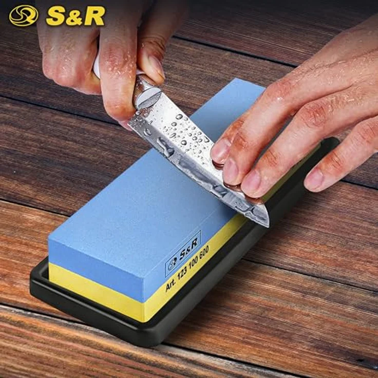 S&R Doppelseitiger Schleifstein, 18 x 6 x 3 cm, Körnung 1000/6000, inkl. Schleifhilfe und rutschfestem Silikon-Halter – Bild 7