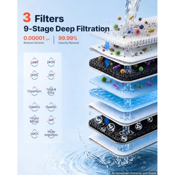 VEVOR Umkehrosmoseanlage Untertisch 800 GPD, 8-stufiger Wasserfilter mit Edelstahlhahn und TDS-Anzeige, 2:1 Reinwasser zu Abwasser, pH 7,5–8,5, einfacher Filterwechsel, CE – Bild 4