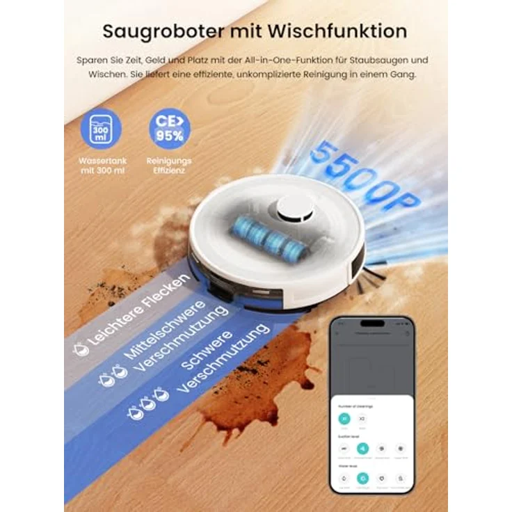 LEFANT M2 Pro Saugroboter mit Wischfunktion, Automatischer Staubentleerung, 5500 Pa Saugkraft, LiDAR-Navigation, App- & Sprachsteuerung, Weiß – Bild 2