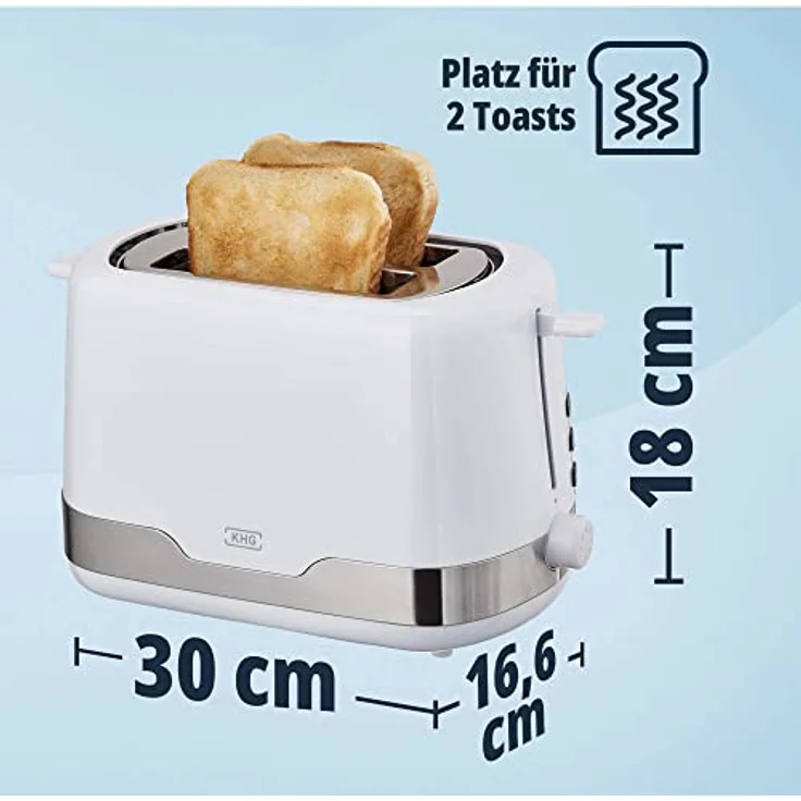 KHG Toaster Weiß, Edelstahl, 2 Scheiben, 7 stufenlose Bräunungsstufen, Auftau- und Aufwärmfunktion, Krümelschublade, 850 W – Bild 2