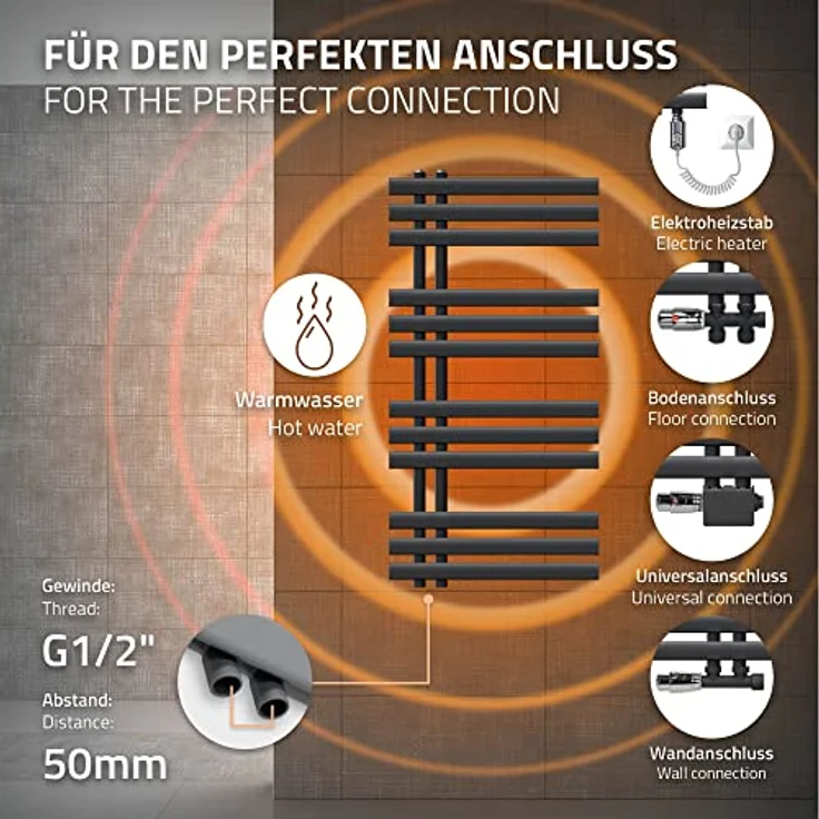 LuxeBath Iron EM Badheizkörper Elektrisch 500x1000 mm, anthrazit, Heizstab 600W mit präziser Temperaturregelung und hoher Heizleistung – Bild 5