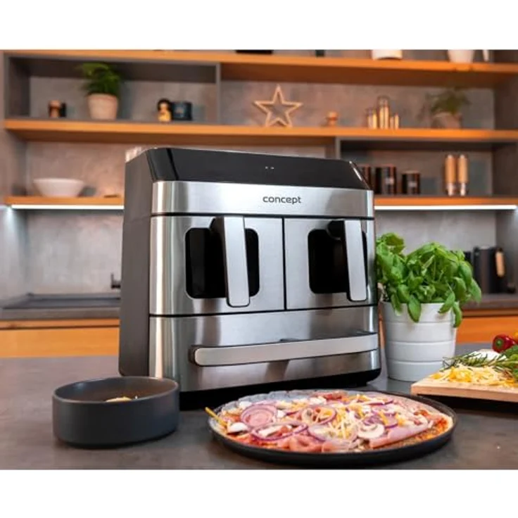 Concept FR9000 PIZZA TRIO, Heißluftfritteuse mit 2700 W, 18,5 l Volumen, synchronisiertes Garen, 8 Programme, Edelstahl/Schwarz – Bild 4