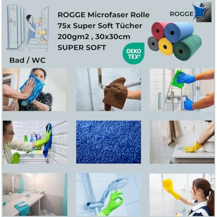 ROGGE Mikrofaser Tücher, Rolle mit 75 perforierten Reinigungstüchern, 30 x 30 cm, 200 g/m², supersoft, in verschiedenen Farben, wiederverwendbar und waschbar – Bild 5