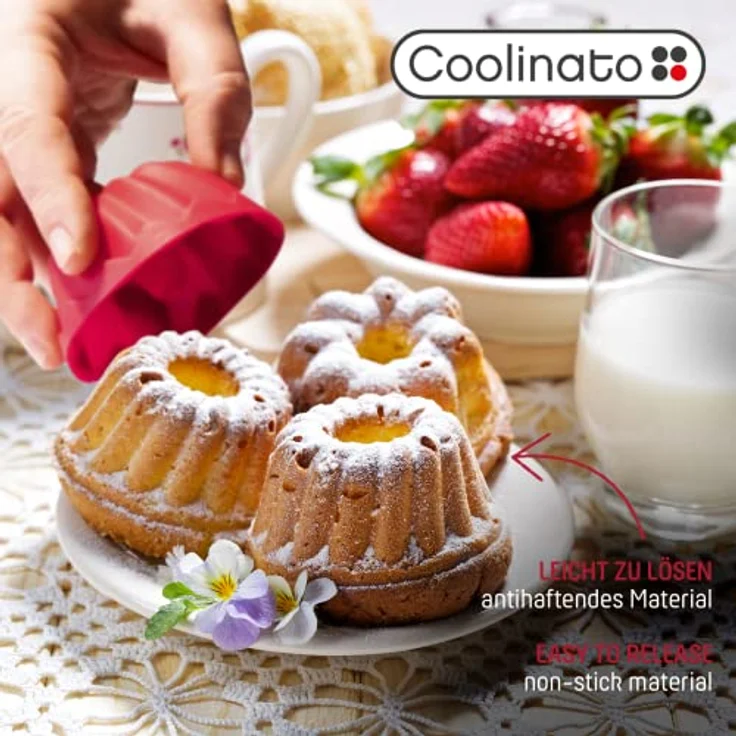 Coolinato 5er Set Silikon Gugelhupfformen rund, Rot, 1x groß 4x klein, Silikonformen zum Backen von großen und kleinen Gugelhupf Kuchen, inkl. 4 Rezepten – Bild 4