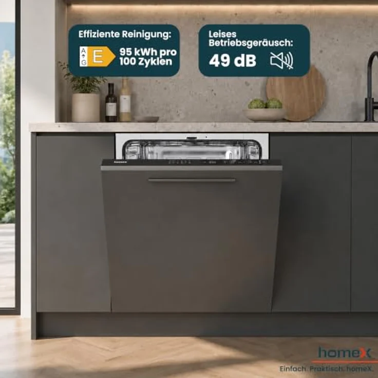 homeX DWFI601449E Geschirrspüler vollintegriert, 60 cm, 14 Maßgedecke, 6 Programme, leise mit 49 dB, Energieeffizienzklasse E – Bild 7