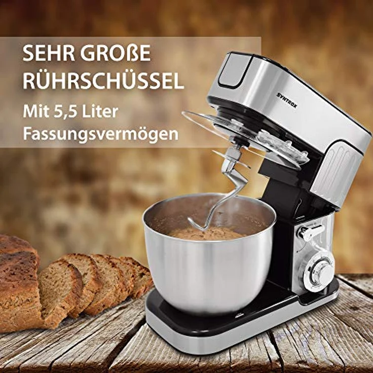 Syntrox Küchenmaschine de Luxe 5,5 L Edelstahlschüssel, 1300W, silber, schwarz – Bild 5