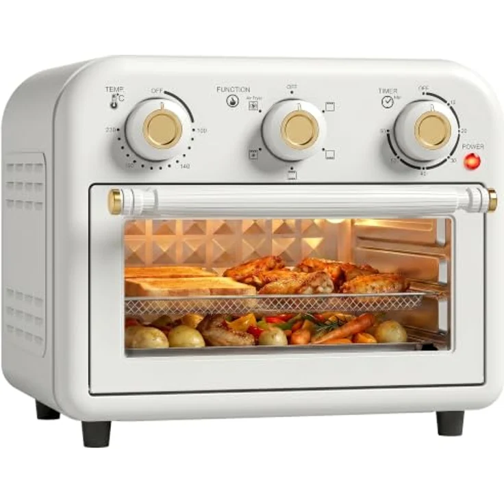 HOMCOM Minibackofen Heißluftfritteuse 2-in-1 mit 12 l und 1200 W, cremeweiß-gold, mit Backblech und Frittierkorb – Bild 1