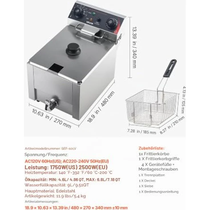 VEVOR Gewerblicher Frittierer, 3000W Elektrischer Truthahnfrittierer, 30,6 Qt/29L Kapazität, Edelstahl, mit Temperaturregelung, für Küchen- und Restaurantgebrauch, Silber – Bild 7