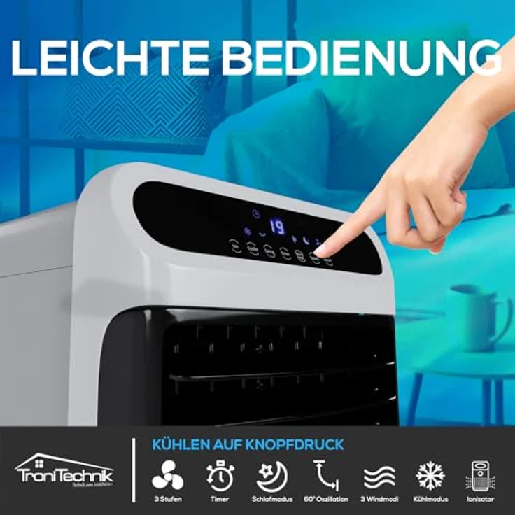 TroniTechnik Ventilatorkombigerät LK06 Aircooler, 10L Wassertank, 5in1 Ventilator, Ionisator, Fernbedienung, Timer, Kühlakku, Oszillation, Weiß – Bild 4