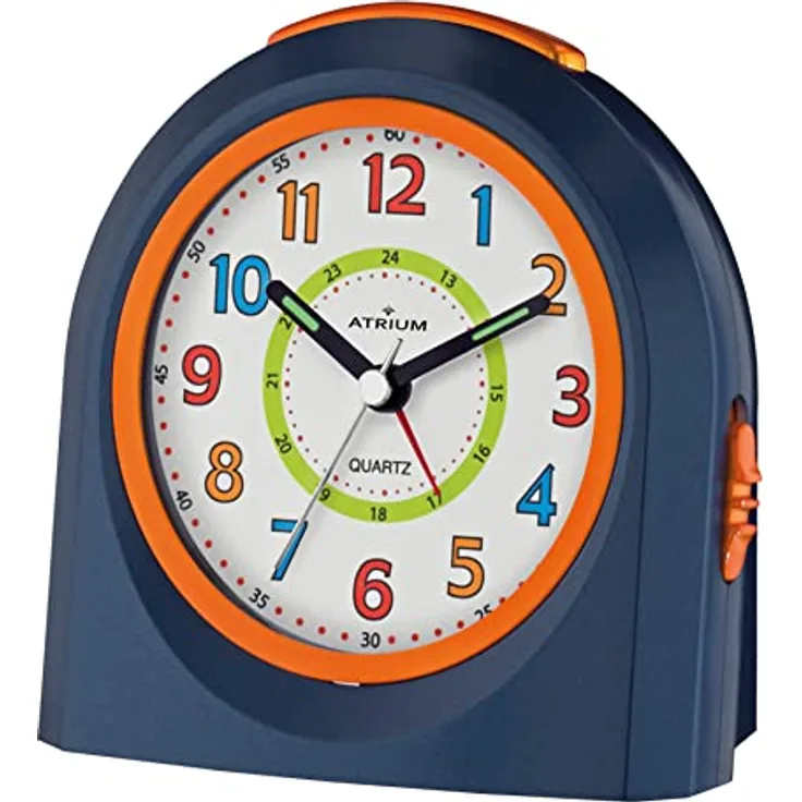 Atrium Kinder Wecker Analog Quarz mit Licht und Snooze, Dunkelblau Orange, 4-stufiges Wecksignal, großes Zifferblatt, LED-Nachtlicht