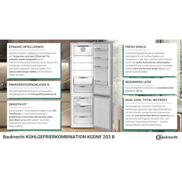 Bauknecht KGDNF 203 B, Kühl-Gefrier-Kombination mit 249 l Kühlvolumen, 106 l Gefriervolumen und LED-Innenbeleuchtung, Freistehend, Energieeffizienzklasse B – Bild 4