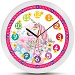 K&L Wall Art Lautlose rosa Kinder Wanduhr für Mädchen langlebige Einhorn Fee Lernuhr 30cm groß Uhrzeit lesen Lernen Blumen Kinderuhr Lesehilfe (30cm Einhorn Prinzessin) - Preisvergleich