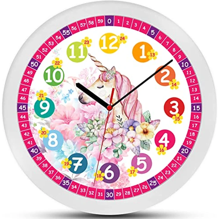 K&L Wall Art Lautlose rosa Kinder Wanduhr für Mädchen langlebige Einhorn Fee Lernuhr 30cm groß Uhrzeit lesen Lernen Blumen Kinderuhr Lesehilfe (30cm Einhorn Prinzessin) – Bild 1