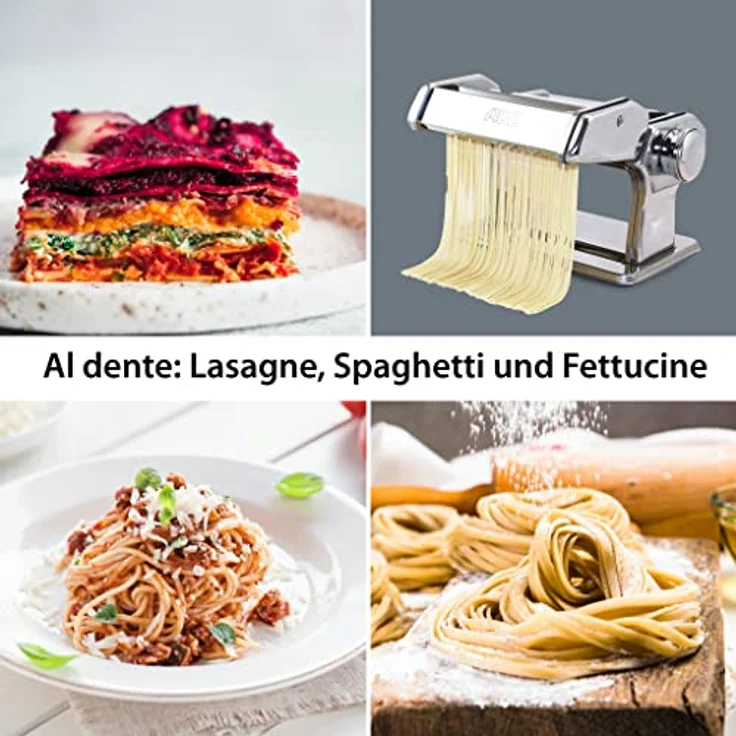ADE Nudelmaschine Edelstahl, manuelle Pastamaschine mit 7 Teigstärken, für Lasagneplatten, Spaghetti und Fettuccine, inklusive Trockner und Borstenpinsel – Bild 6
