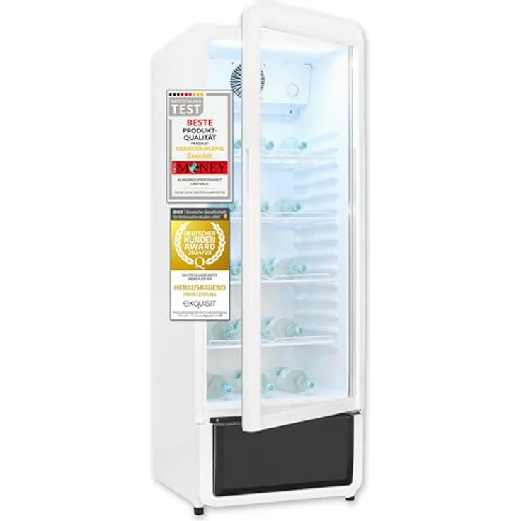 Exquisit GKS220-GT-430D, Glastürkühlschrank 240l mit LED, Umluft, 4 verstellbare Ablagen, 153 cm hoch, weiß – Bild 1