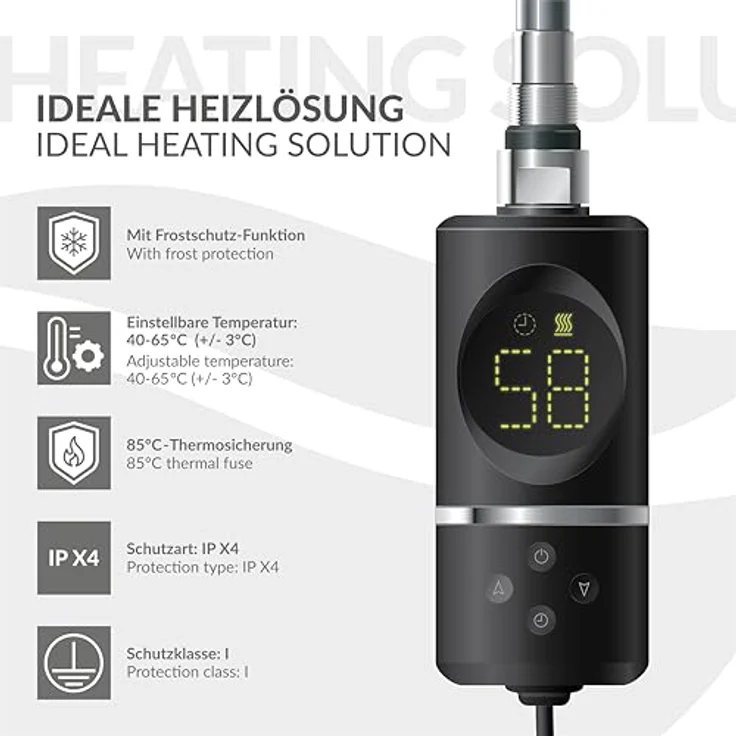 LuxeBath Heizstab 600W Schwarz, Heizgerät mit Thermostat und digitaler Anzeige – Bild 5