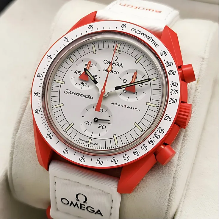 Swatch Chronograph Swatch x Omega Bioceramic Moonswatch Mission to Mars, feurige Rottöne, strahlendes Weiß, VELCRO©-Armband - Preisvergleich