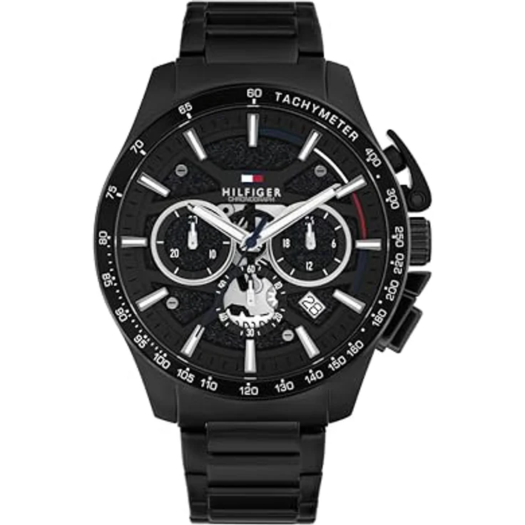 Tommy Hilfiger Chronograph Quarz Uhr, schwarzes Edelstahlarmband, 44 mm Gehäuse, wasserdicht bis 5 ATM, schwarzes Skelett-Zifferblatt – Bild 1
