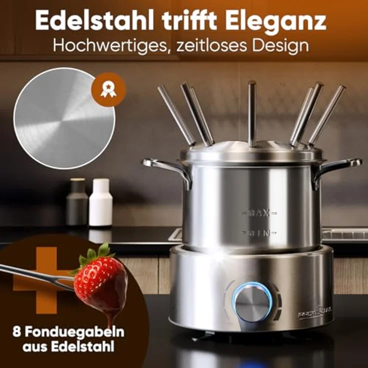 ProfiCook Elektro-Fondue PC-FD 1288, Edelstahl Fondue-Set für Öl-, Schokolade- und Käsefondue, 1,2 Liter Füllmenge, stufenlos regelbarer Thermostat, 8 Edelstahl-Fonduegabeln – Bild 6