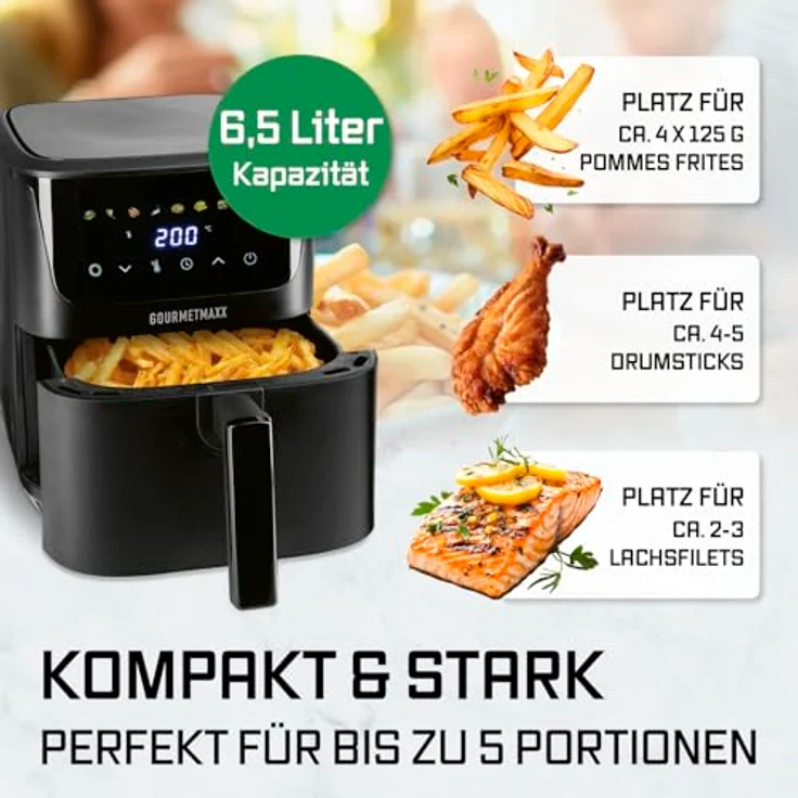 GOURMETmaxx Heißluftfritteuse 6,5 L, 1600 W schwarz – digitale Airfryer mit LED-Touchdisplay, Timer und 8 Programmen für fettfreies Frittieren, Grillen und Backen – Bild 3